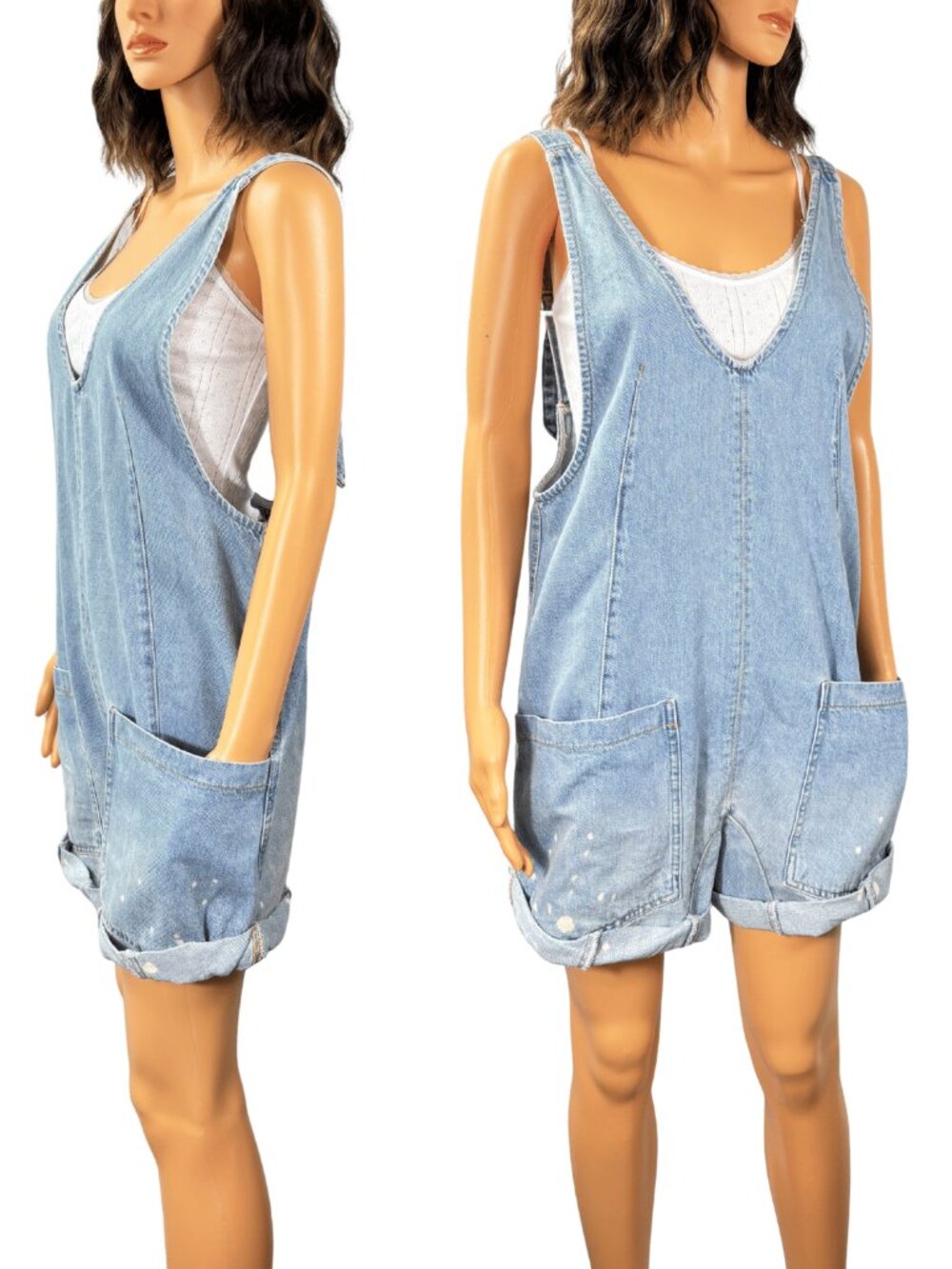 We The Free Free People Denim Shortalls S Light Wash Cuffed Boho Short Overalls